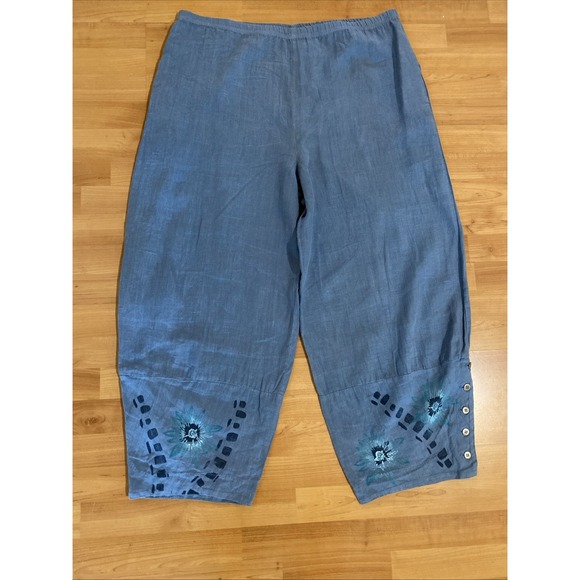 Blue Fish Hand Painted 100% Linen Wide Barrel Leg Blue Floral Artsy Size 1 - Picture 7 of 12